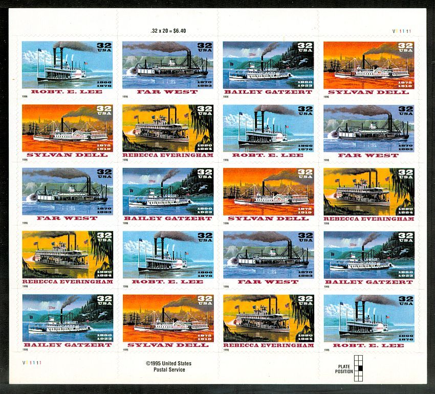 1996 US - Sc3091-5 32¢ Riverboats Pane (20) MNH